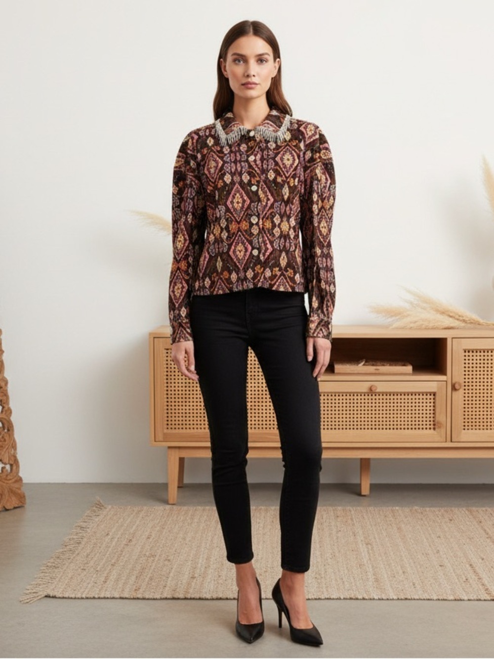 Eye catching printed statement jacket with rich boho inspired geometric patterns